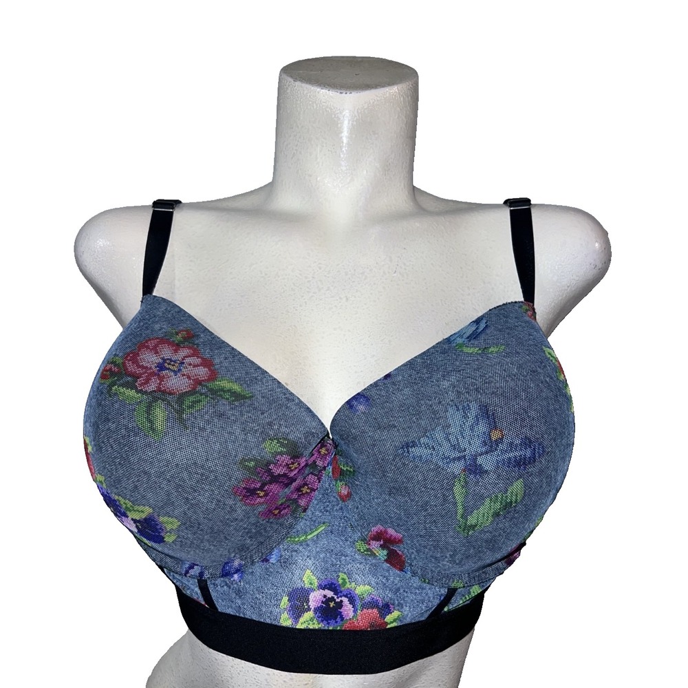 Parade Floral Cross Stitch Denim Print Longline Bralette‎ PR251W Blue 3XL